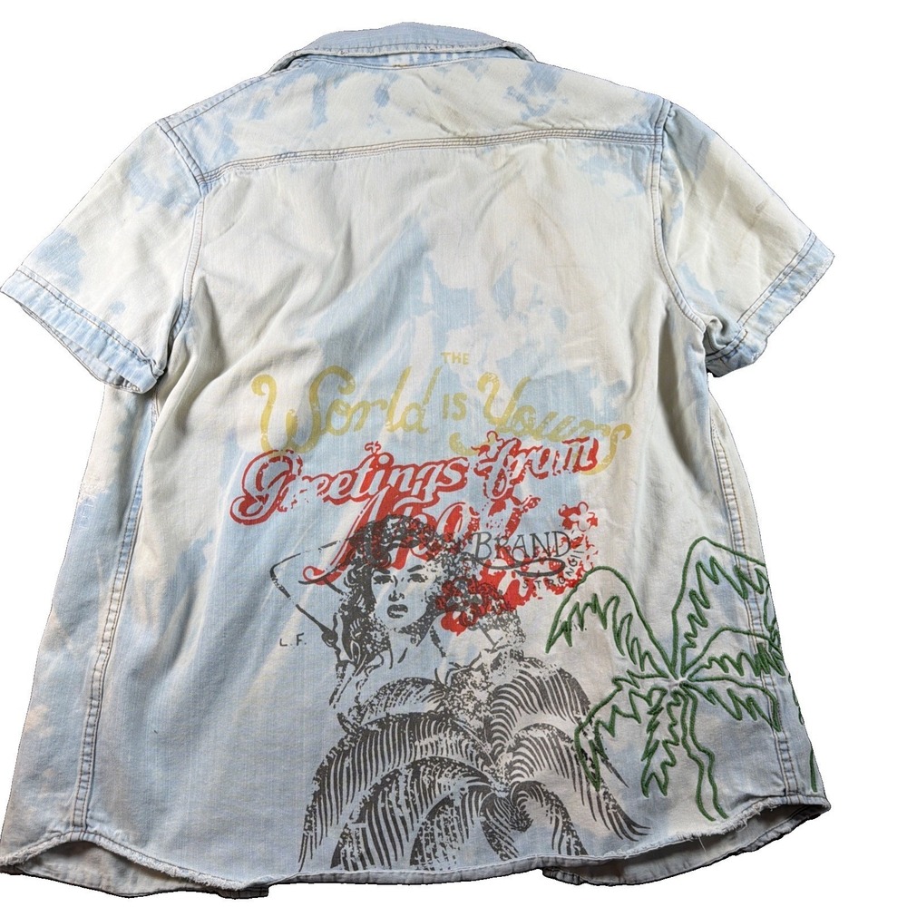 AKOO MENS L SHIRT COTTON BLUE SS DESTROYED DENIM BUTTON UP